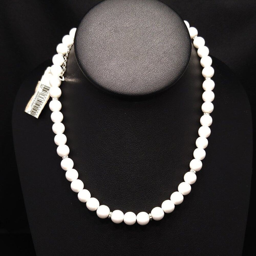 Macy’s White Beaded Necklace 8mm Lucite Beads Silver Clasp NWT 18 Inches